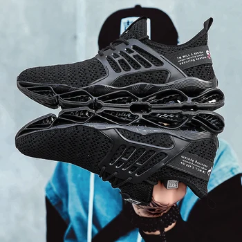 

ALDOMOUR New Men Light Running Shoes Sneaker Black Hollow Shock Absorption Current Woven Net Sport Shoes Flat Heel Ventilation F