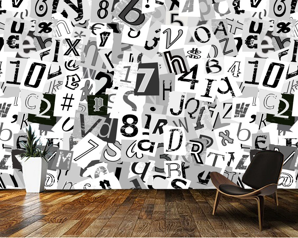 Papel de parede lettere e numeri in bianco e nero carta da parati 3d, soggiorno camera da letto carte da parati decorazioni per la casa KTV bar murale