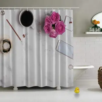 

Womans Workplace Coffee Phone Roses Top Photo Modern Shower Curtain for Guest Suite,79''L x 72''W