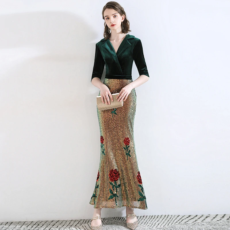 Wei yin AE0311 Robe De Soiree сексуальное платье с v-образным вырезом и рукавом средней длины, зеленое длинное вечернее платье с блестками, элегантные вечерние платья - Цвет: Зеленый