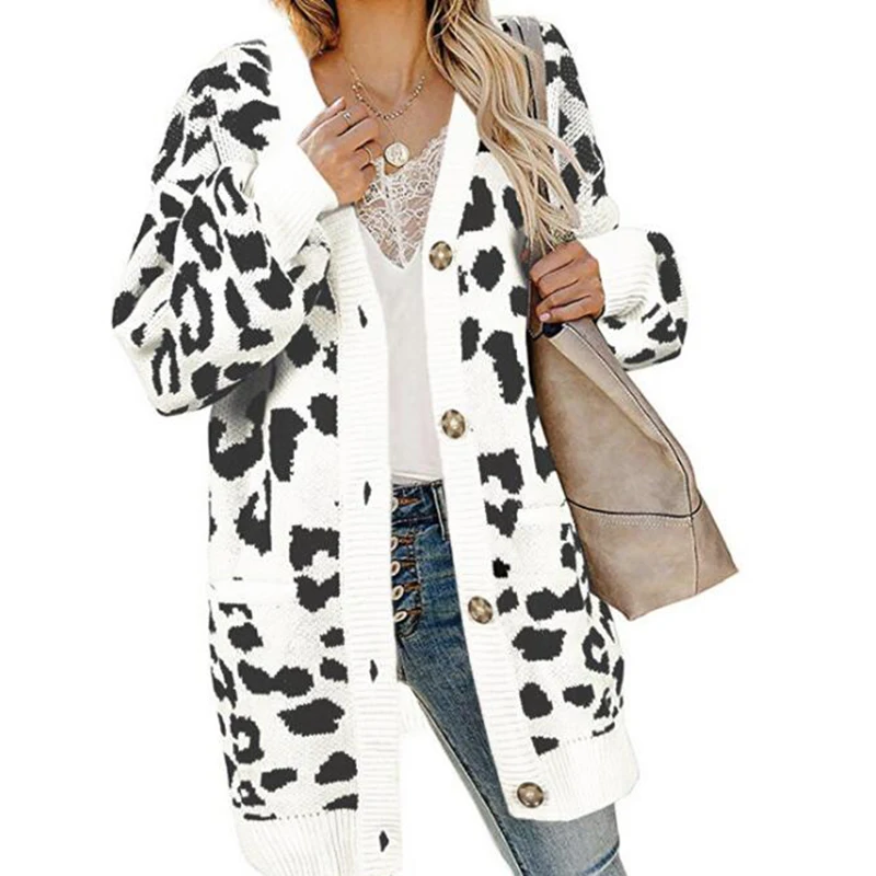 

Leopard Print Knitted Long Cardigan Women Jumper Pockets Casual Autumn Winter Knitted Sweater Coat Plus Size Pull Femme s277