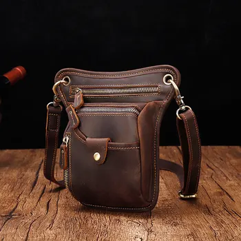 

Crazy Horse Cow Leather Mens Waist Bag Genuine Leather Travel Small Fanny Pack Belt Loops Hip Bum Bag Male Phone Pouch