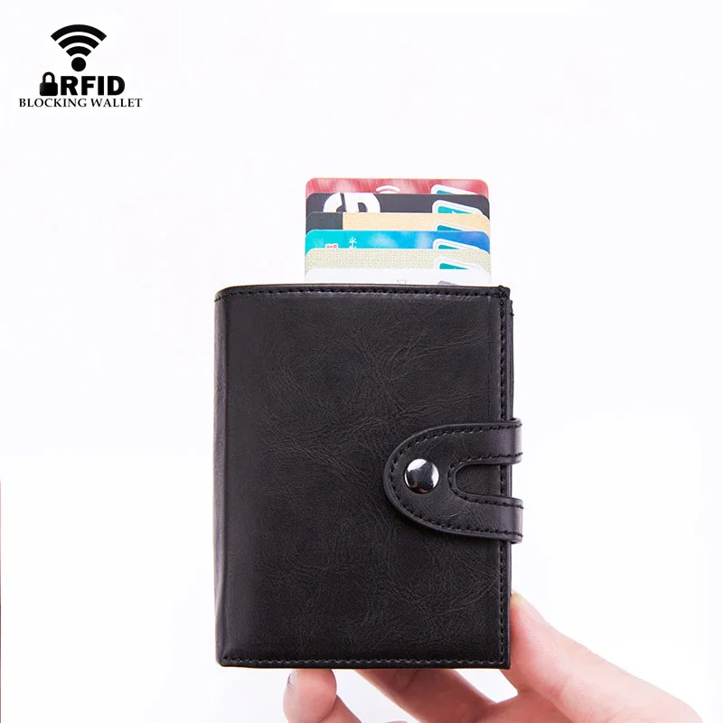 Rfid держатель для карт смарт кошельки мужские кожаные тройные бумажники черные