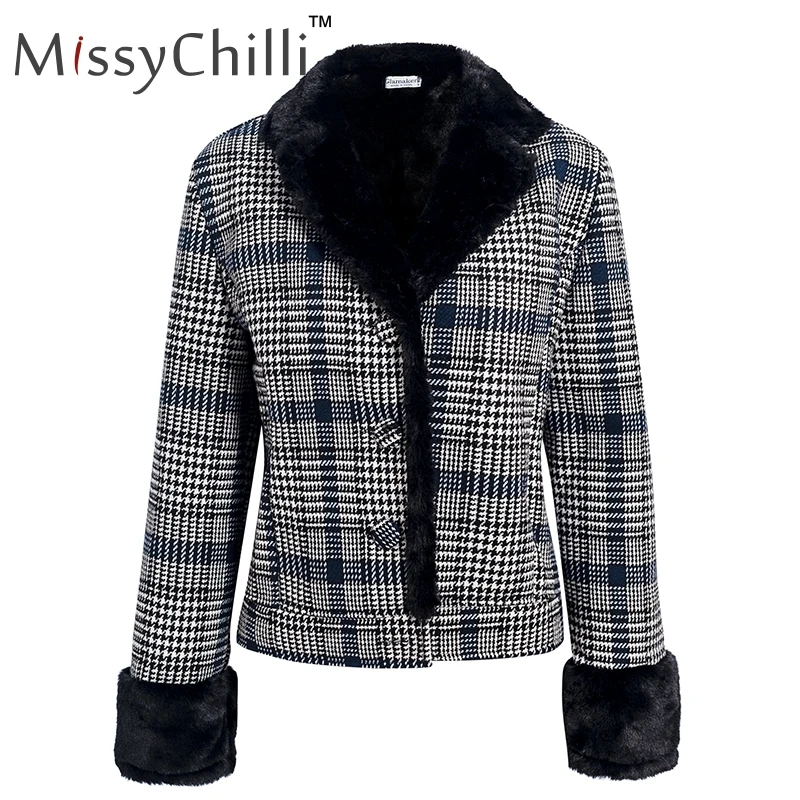 MissyChilli клетчатое пальто из искусственного меха, женская сексуальная черная уличная теплая плотная верхняя одежда, осенняя короткая куртка из искусственного меха, зимнее пальто