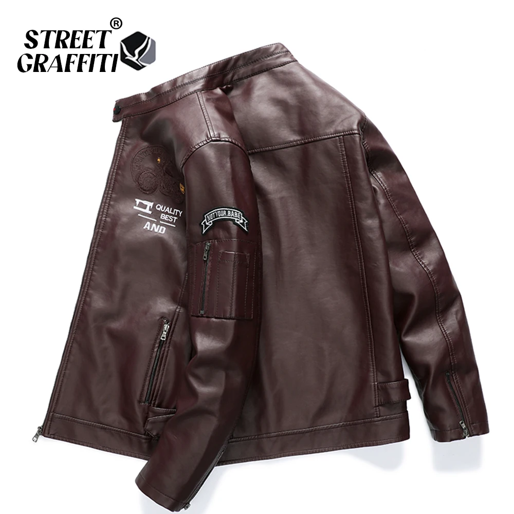 

2023 Men's Winter Casual Embroidery Faux Leather Coats Jackets Men Autumn Motorcycle PU Fleece Windproof Jacket Biker For Male