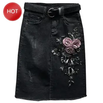 

black split package hip step jeans skirt denim skirt skirt women spring autumn new beading embroidered