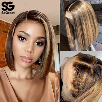 

Highlight Lace Front Human Hair Wigs Colored Ombre Brown #1/27 Straight Brazilian Short Bob Wig Full Hd Frontal Highlight Wig