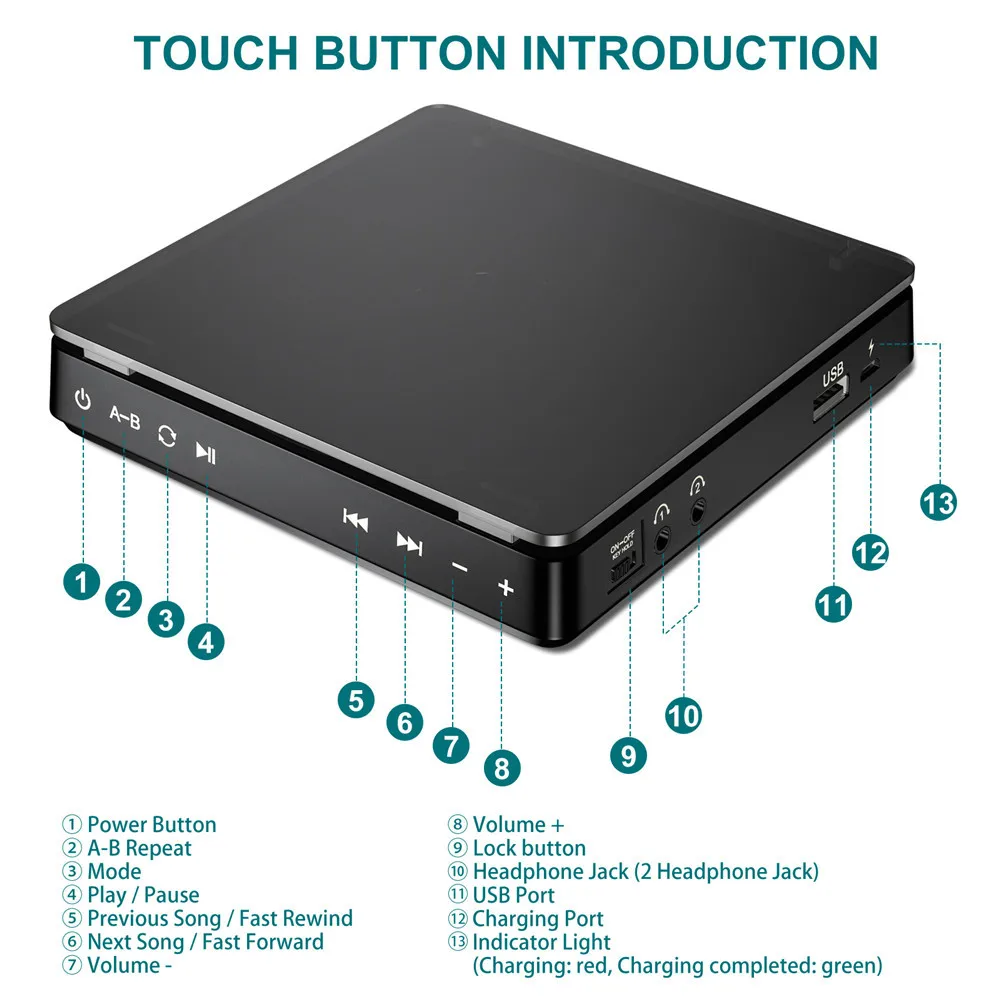 Sports Portable CD Player Rechargeable Touch Button Compact Disc Player Reproductor CD Double Headphones lecteur CD Walkman
