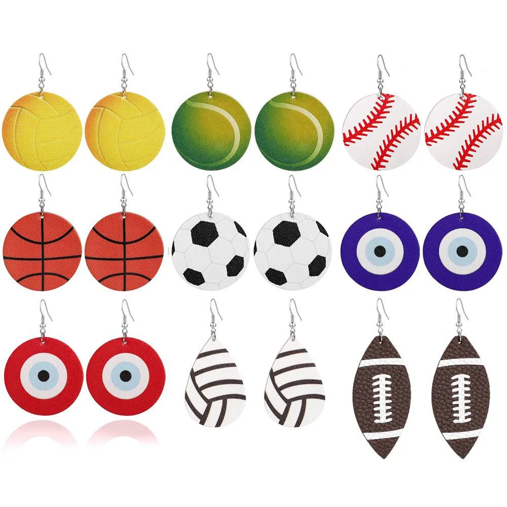 2019 Women Baseball Faux Leather Earrings Sports Basketball Football Flag Moon Teardrop Dangle Pierced Jewelry | Украшения и