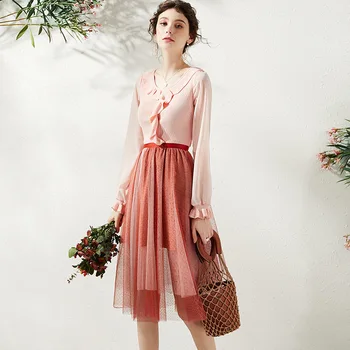 

Sweet Pink Ruffles Knit Sweater Long Sleeve Tops and Skirts 2 Piece Set Women Mesh Midi Skirt French Mori Girl Shirts Gray Pull