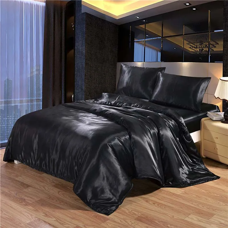 Luxury Black Satin Bedding Set King Double Size Summer Used Bedding Kit