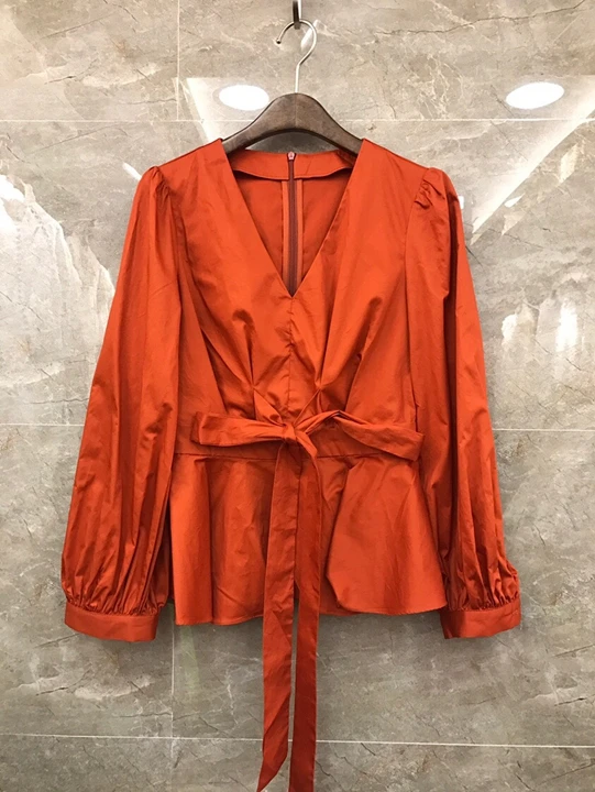 Orange red Хлопковая рубашка,, осенняя мода, белые, черные, оранжевые, красные блузки для женщин, v-образный вырез, бант на талии, длинный рукав, повседневные топы, рубашки для женщин - Цвет: Orange red