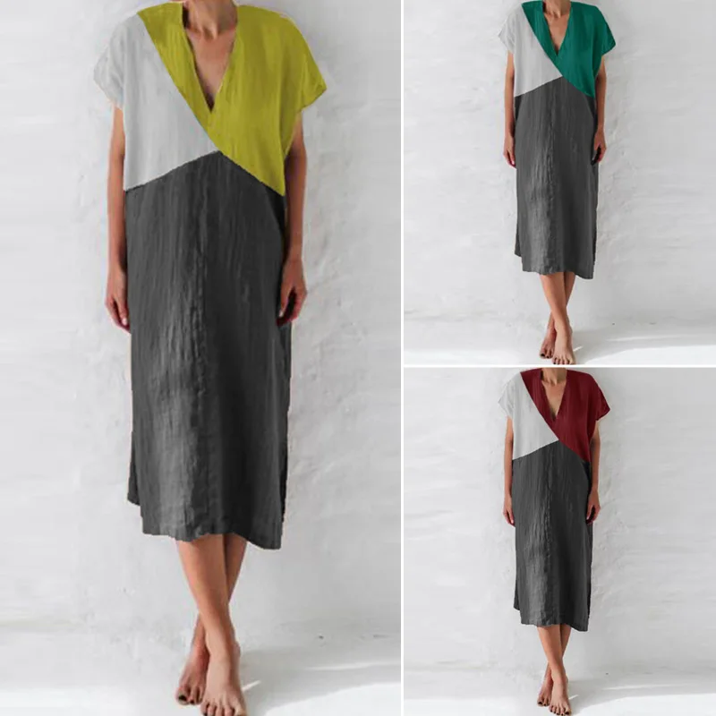

Women Patchwork Bohemian Dress ZANZEA 2019 Summer Sundress Casual Short Sleeve Mid Calf Vestidos Beach Party Kaftan Robe Femme