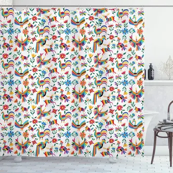 

Mexican Shower Curtain, Traditional Latin American Art Design with Natural Inspirations Flowers and Birds, Cloth Fabric Bathroom