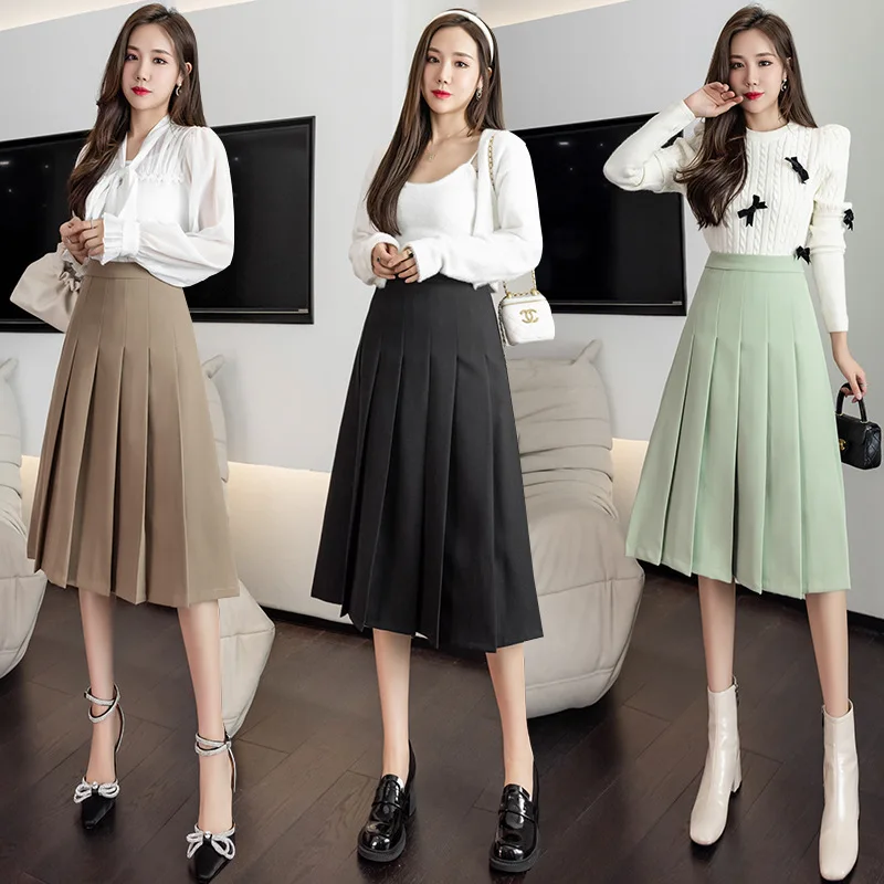 Vintage Zipper Slim Pleat Long Skirt Women 2021 Winter Spring Ladies Elegant Office Mid-Length High Waist Pleat Skirt Female elmsk 2021 youth day fashion workwear pants vintage zipper panel personalized new harun pants loose relaxed pants