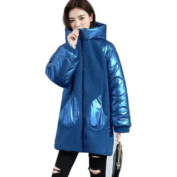 

Plus size 2020 Winter Jacket Women Warm Hooded Coat Shining Fabric Stylish Female Parka Long Lambswool Splice Faux fur Coat