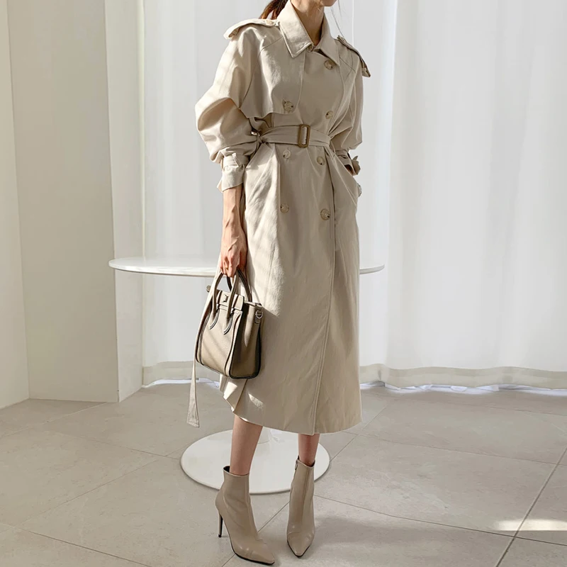 

Autumn Long Trench Coat Women Casual Style New Double Breasted with belt Spring Loose Coat Lady Outerwear ka1066