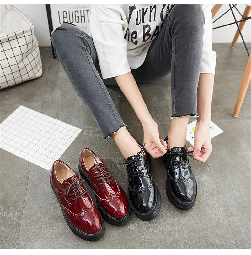 British Style Patent Leather Oxford Shoes For Woman Carved Soft Bottom Flat Platform Women`s Brogues Shoes Size 33-43 Creepers (21)