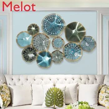 

European Creative Wall Hanging Metal Round Blue Flower Ornaments Crafts Decoration 3D Stereo Home Wall Background Sofa Mural Art