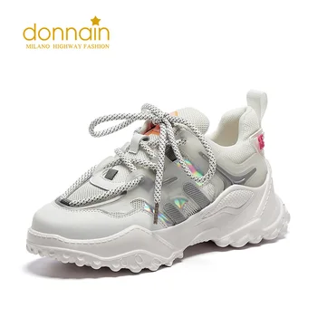 

DONNAIN 2020 Autumn Breathable Mesh Lace Up Flat Shoes Fashion Casual Height Increasing Female Chunky Ladies Platform Sneakers