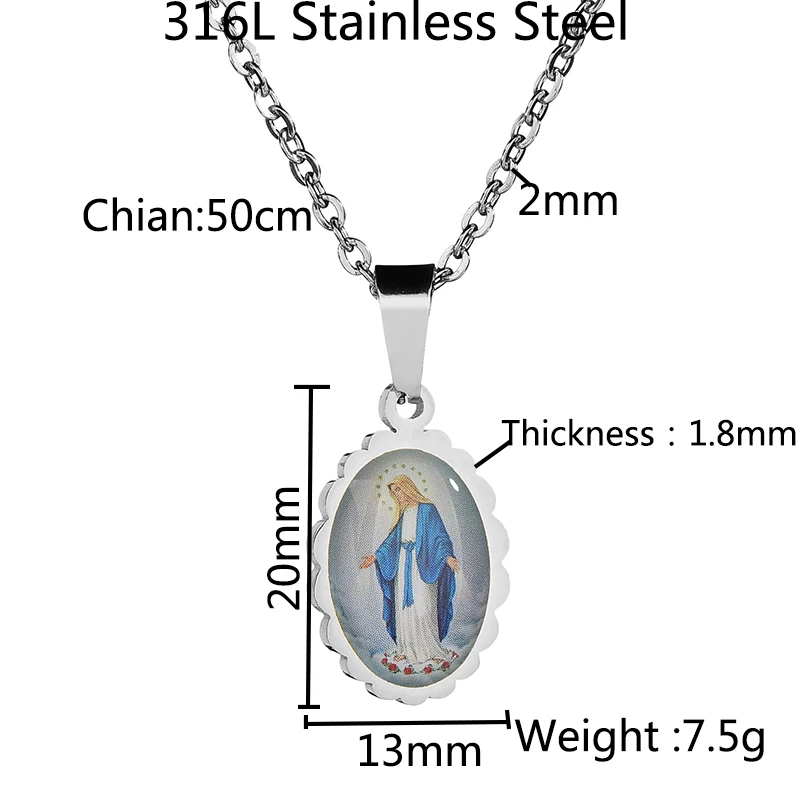 Akizoom Pendant Necklace Virgin Mary Golden Color Christian Jesus Oval Stainless Steel Catholic Men Women Religion Gifts