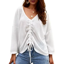 Women's V Neck Adjustable Drawstring Tie Front Knit Long Sleeve Ruched Sweater Tops Pull Size Adjustable Front Panel New O28