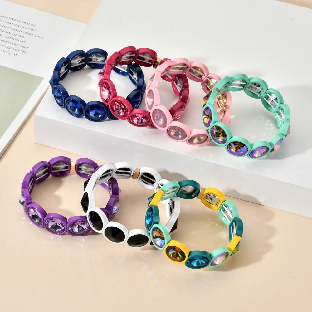 Handmade Multicolor Big Crystal Elastic Bracelet Enamel Stretch Glass Bangle Tile Bead Bracelet for Women Dark Vintage ZMZY