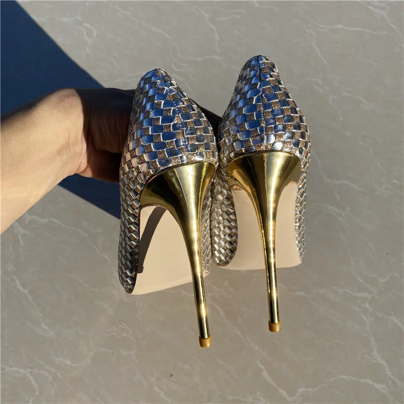 Ke Shang Jia Shiny Plaid Women Stilettos High Heels Bling Party Dress Shoes Ladies Ponited Toe Slip On Pumps Size 33-46