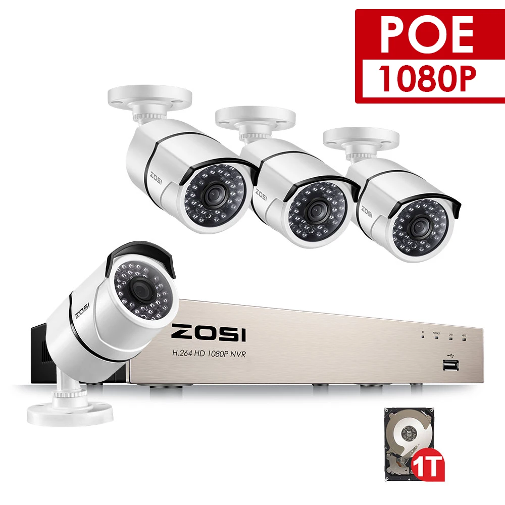 Comprar ZOSI 8CH NVR 1080P IP red Poe Video registro IR al aire libre CCTV sistema de cámara de seguridad kit de video vigilancia en casa