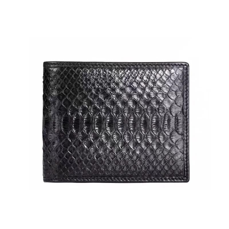 

Authentic Real True Leather Male Serpentine Card Holders Men Short Black Bifold Wallet Genuine Exotic Leather Small Clutch Purse