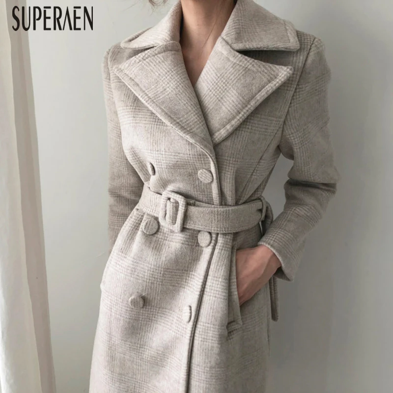 SuperAen, корейский стиль, Женское шерстяное пальто, новинка, зимнее, дикое, повседневное, для девушек, лацкан шерстяного пальто, двубортное, женская одежда