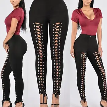 

Pants Women High Waist Pencil Pant Women Sexy Skinny Tight Trouser Female Stretchy Bandage Hollowed out Ankle-Length Pants