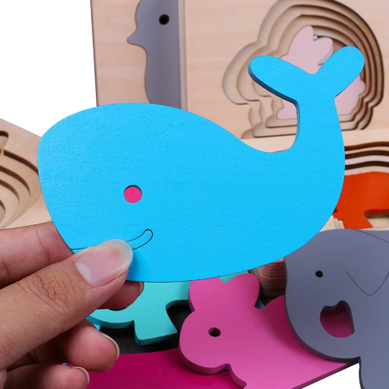 Детские животные 3D деревянные игрушки-паззлы Размер Цвет Градиент многослойная Головоломка Детские развивающие игрушки Рождественский подарок