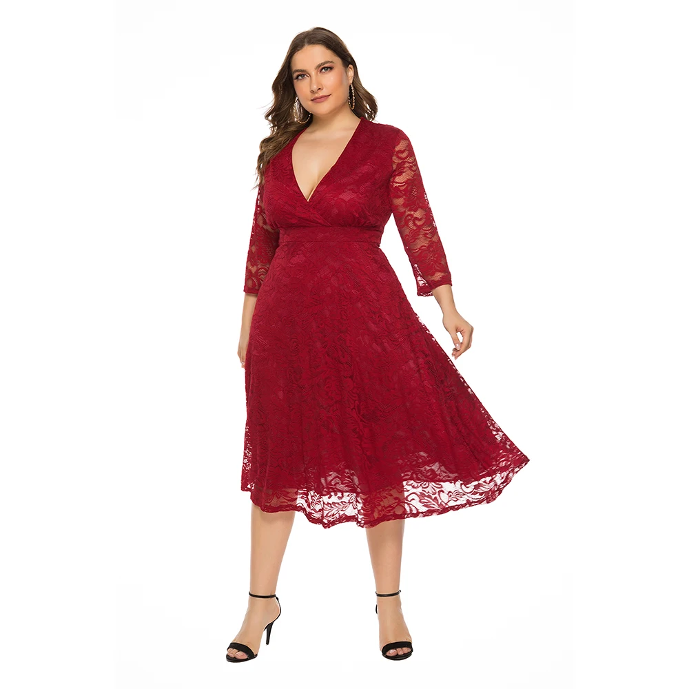 

pluse size red v neck elegant lace cocktail dress tea length a line 3/4 sleeves night club party formal women cocktail dresses