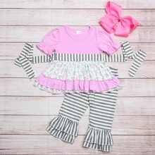Haut à manches courtes pour fille, vêtements d'automne, rose, gris, rayé, pantalon, ceinture, imprimé de fleurs roses 