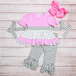 Outono meninas roupas rosa manga curta topo e cinza listrado calças cinza listrado cinto rosa flor padrão impressão menina outfits
