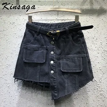

Vintage Irregular Tassel Hem Denim A Line Skorts with Sashes Women Harajuku High-waist Button Pockets Black Skorts