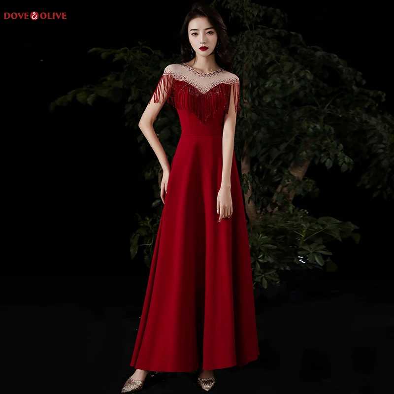 

Burgundy Evening Dresses Crystal Beaded Tassel 2020 Long Satin Sheer Neck Prom Gowns A Line vestidos Formal Dress Women Elegant