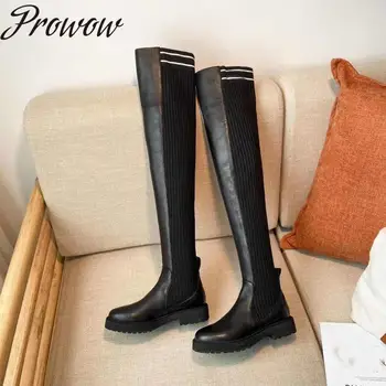 

Prowow New Genuine Leather Knitted Over The Knee HIgh Thigh High Boots Round Toe Slip On Thick Heel Low Heel Luxury Boots Women