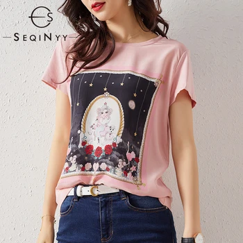 

SEQINYY Silk T-shirt 2020 Summer Spring New Fashion Design Women Short Sleeve Princess Doll Print Flowers Casual Top