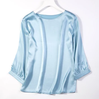 

Women's 100% Pure Silk Heavy Satin Half sleeve Crew Neck Top Blouse Shirt Solid Colors Size L XL JN008-2