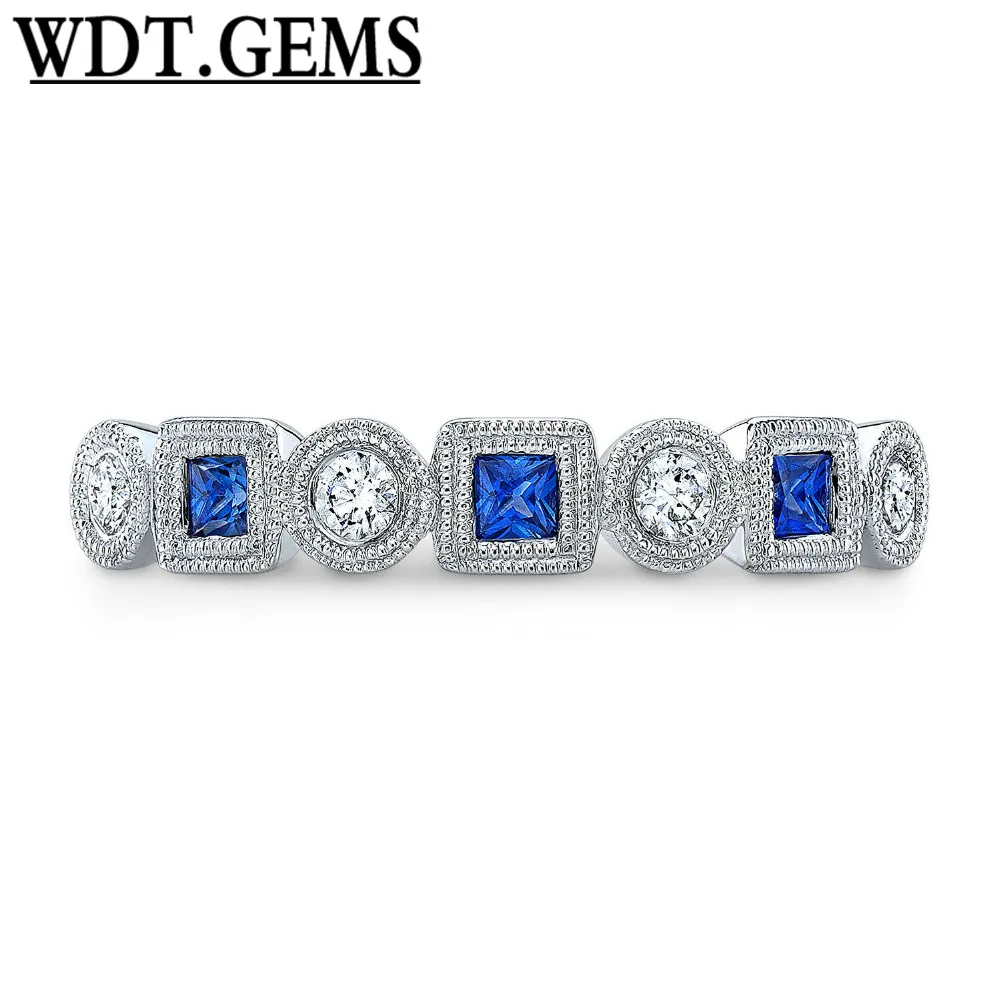 10k White Gold Princess Blue Sapphire Diamond Bezel Alternating Band Ring Beaded