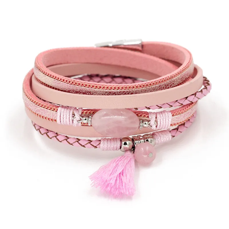 Women's Bracelet Jewelry Multi-Layer Leather Winding Wrap Bracelets Female Natural Stone Wrist Chain Tassel Bracelet - Image 2