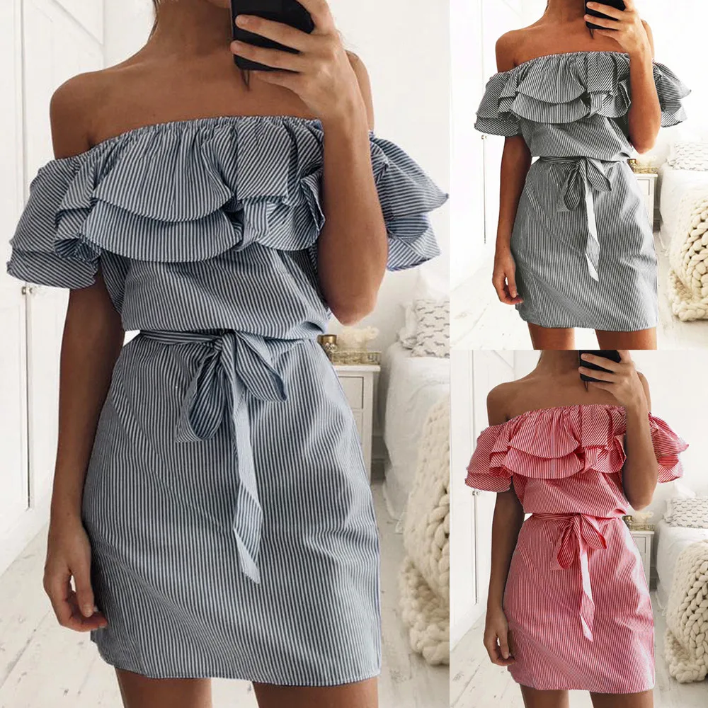 Модное женское короткое платье с оборками в полоску повседневное сексуальное