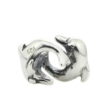 

925 Sterling Silver Animal Playing Dolphins Charm Bead Fits European Brand 3.0mm Bracelet Jewelry Genuine