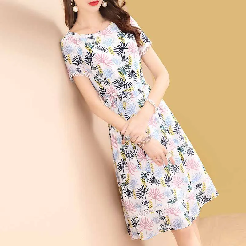 

Short Sleeve Printed Chiffon Dress Women's Summer Mid-length 2019 New Style Slim Fit Slimming Popular Skirt Ozhouzhan