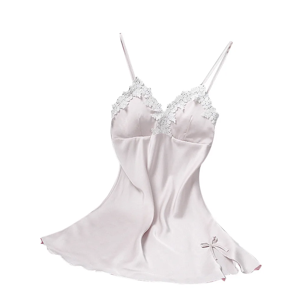 Женская сексуальная ночная рубашка, шелковая с v-образным вырезом, цветочное белье, ночная рубашка, мини без рукавов, женская ночная рубашка с бюстгальтером с мягкими чашечками - Цвет: Белый