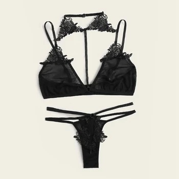 

Womens Bra and Panty Set Push Up Bra Set Bow Nightwear Sleepwear Lace Harness Underwear Sexy Black Lingerie Set See-though Bras