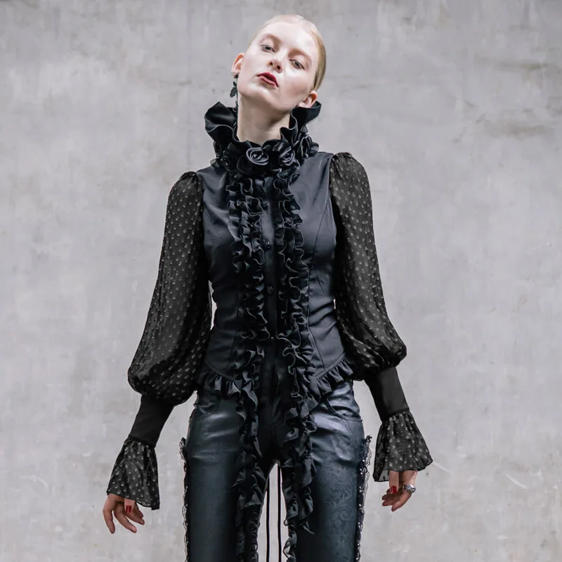 Devil Fashion Women's Gothic Chiffon Blouses Roses Tie Puff Sleeve Party Evening Dinner Cotton Shirt