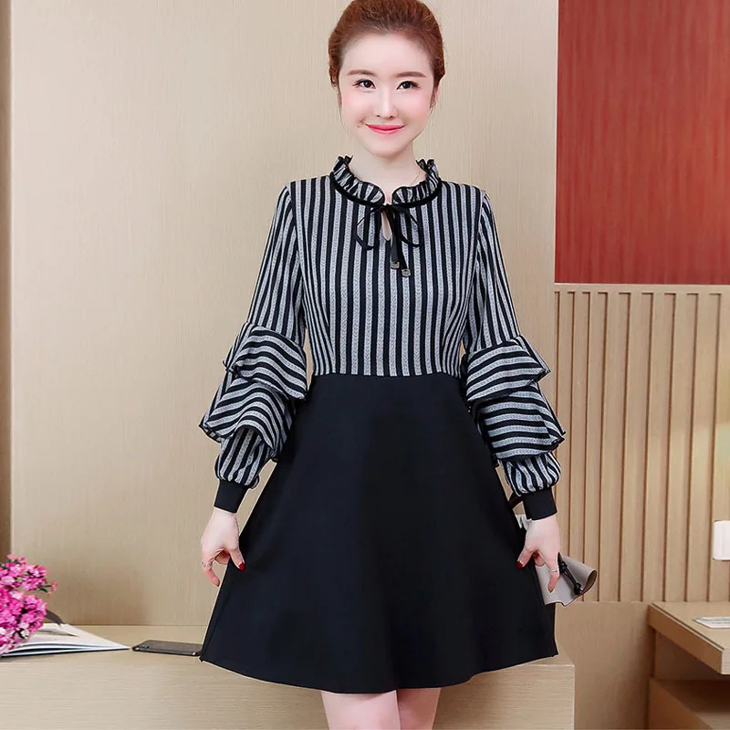 

2019 Spring New Style Fat Mm Large Size Dress Slimming French fu gu qun Kuotaitai Waist Hugging Dress Fashion